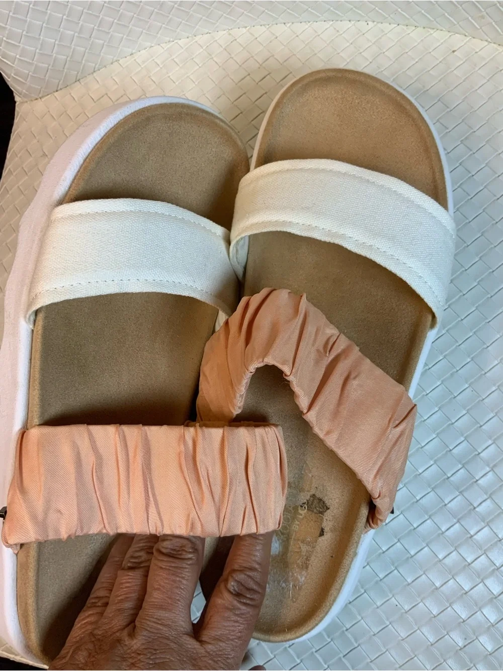 Koolaburra Peach and White Double-Strap Slide Sandals